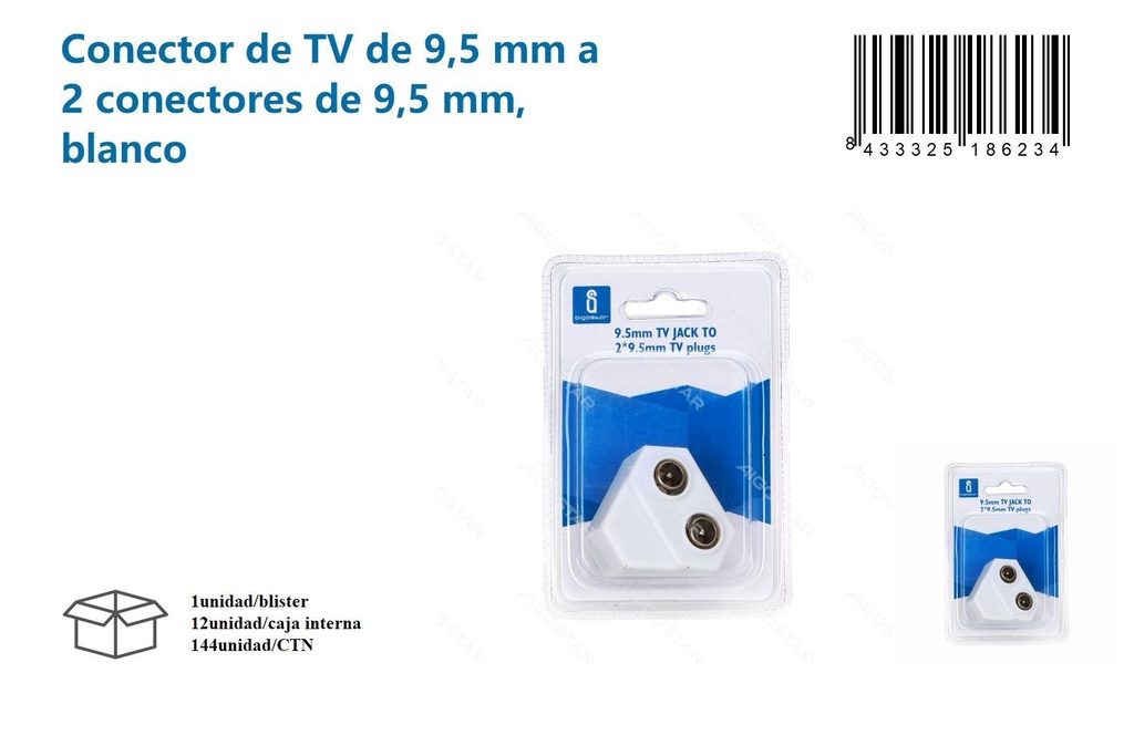 Conector de TV de 9,5mm a 2 conectores de 9,5mm blanco para televisión