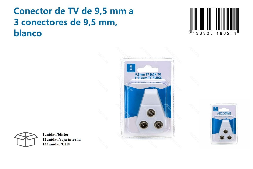 Conector de TV de 9.5mm a 3 conectores de 9.5mm blanco para conexiones