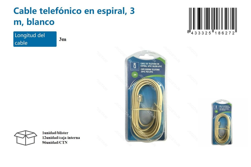 Cable telefónico en espiral 3m blanco para teléfonos y oficinas