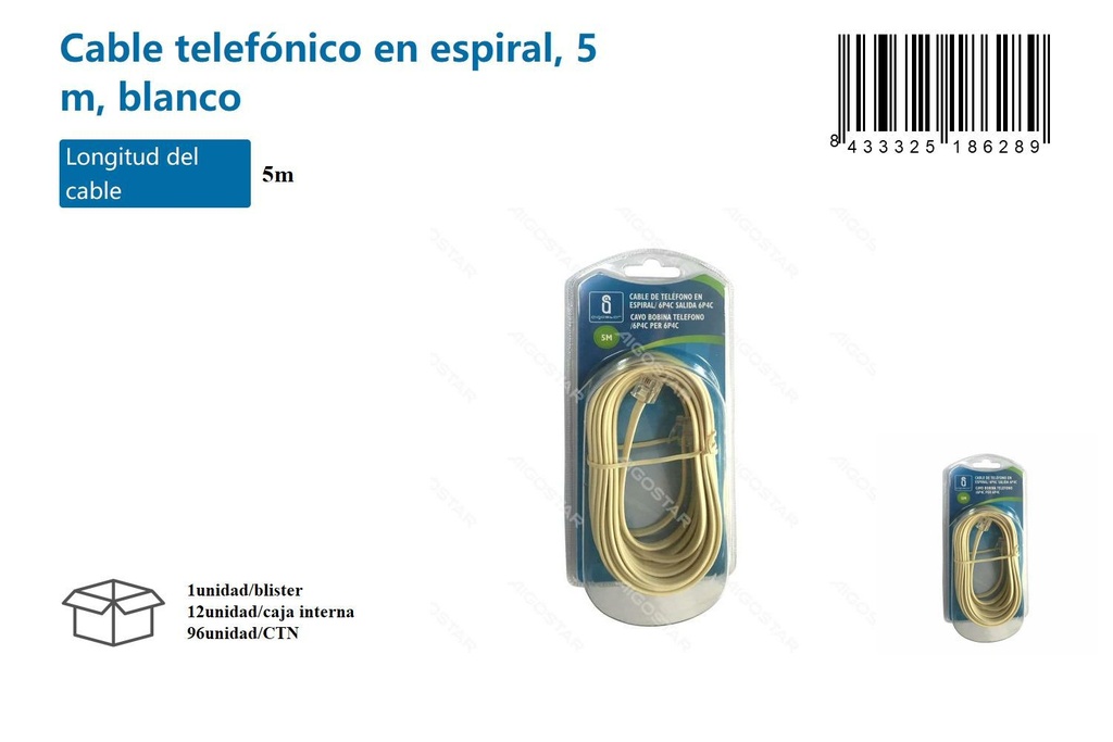 Cable telefónico en espiral 5m blanco para conexiones