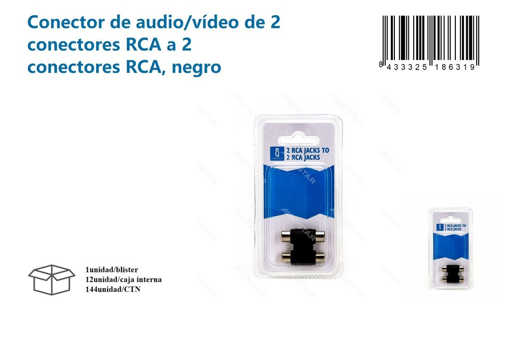 Conector de audio/vídeo de 2 conectores RCA a 2 conectores RCA negro