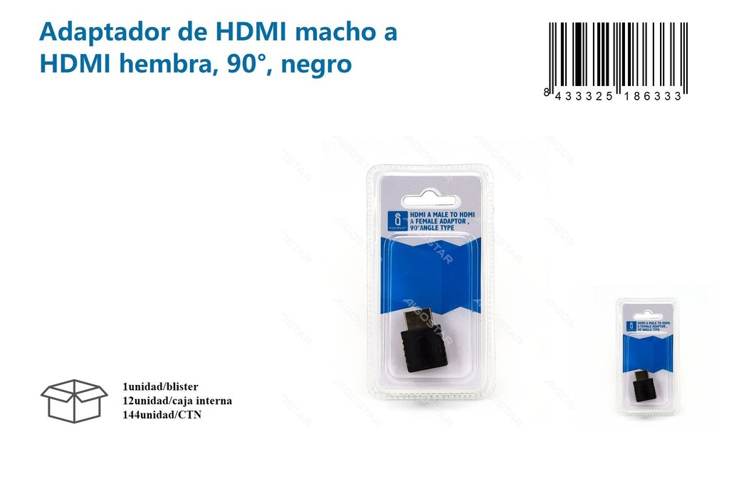 Adaptador HDMI macho a hembra 90° negro para electrónicos