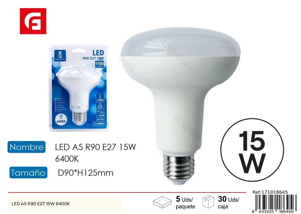 Bombilla LED R90 E27 15W 6500K iluminación