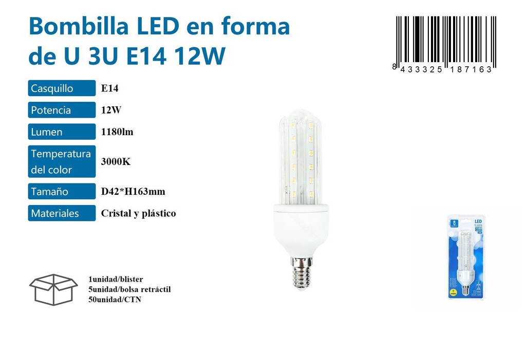 Bombilla LED en forma de U 3U E14 12W 3000K para iluminación