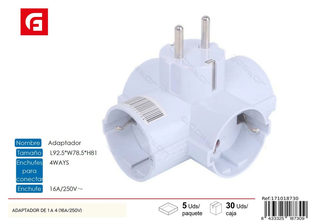 Adaptador de enchufe de 1 a 4 (16A/250V) para electricidad