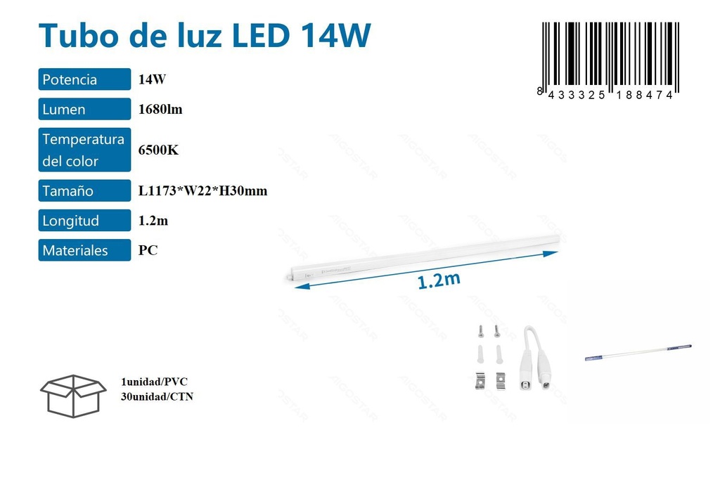 Tubo de luz LED 14W 6500K 1.2m, iluminación