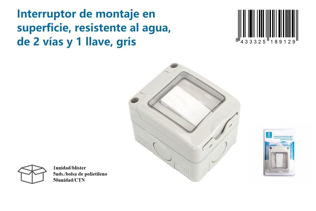 Interruptor de superficie resistente al agua de 2 vías y 1 llave para exteriores