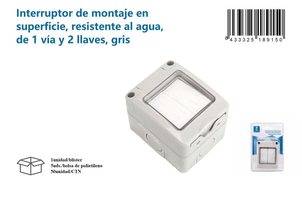 Interruptor de superficie resistente al agua de 1 vía y 2 llaves gris para electricidad