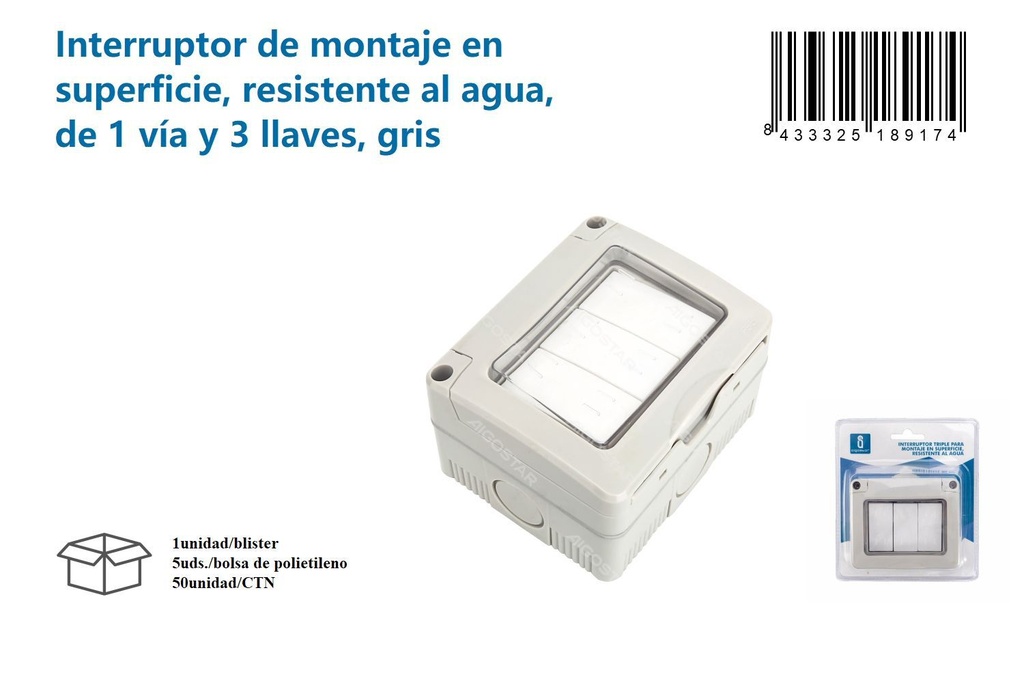 Interruptor de superficie resistente al agua de 1 vía y 3 llaves - Suministros eléctricos