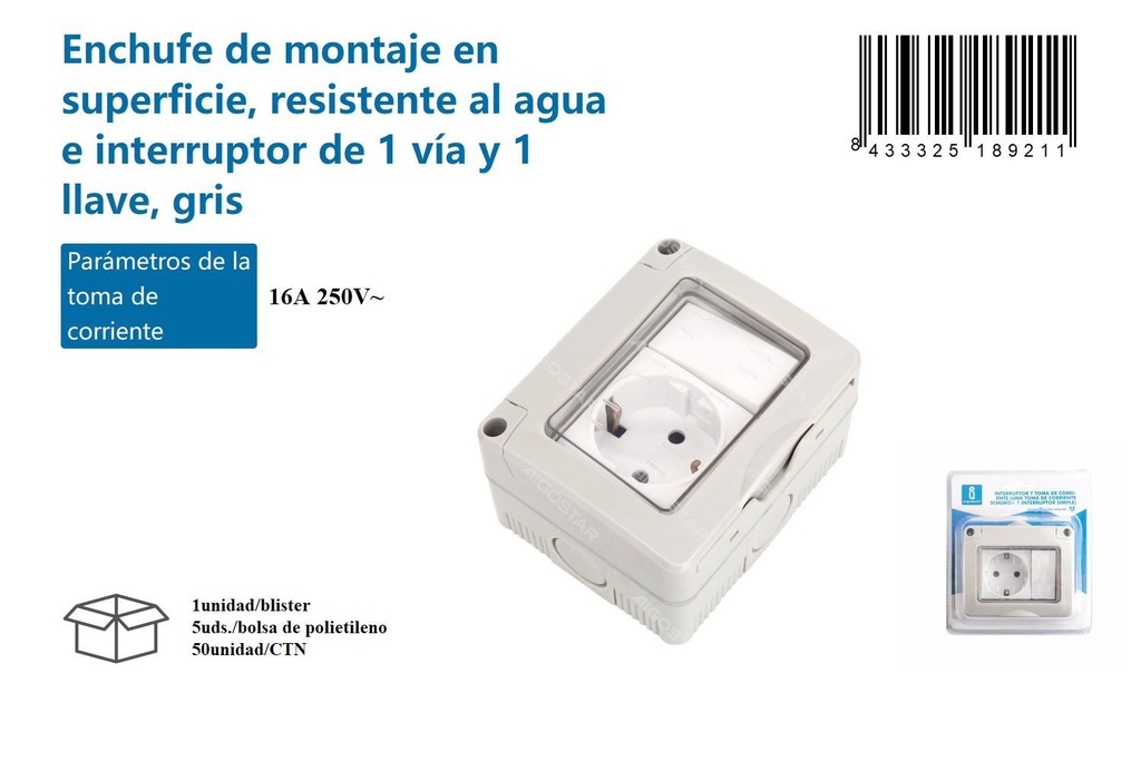 Interruptor de pared resistente al agua 1 vía 1 llave para instalaciones eléctricas