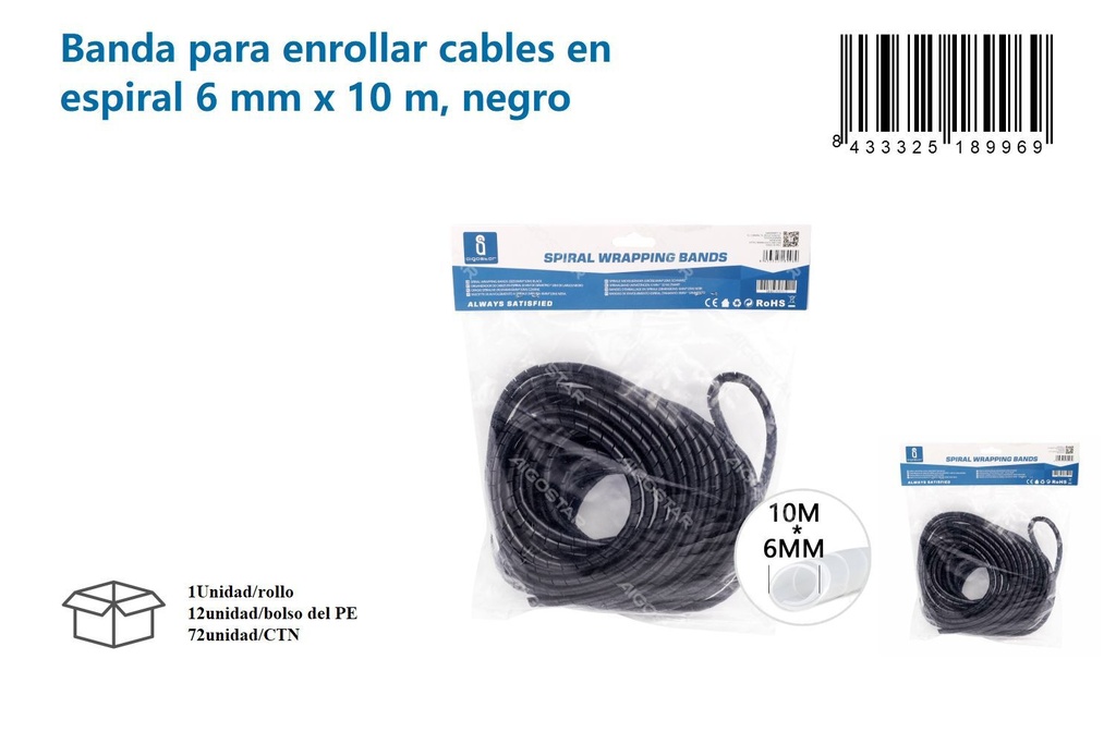 Banda para enrollar cables en espiral 6mm x 10m negro