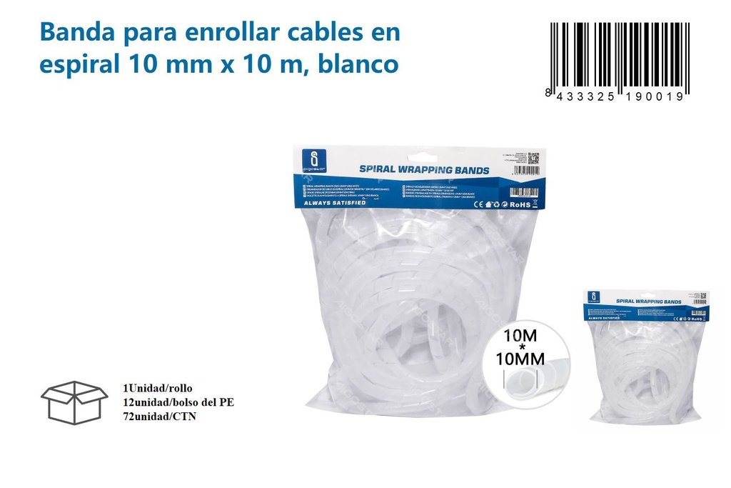 Banda para enrollar cables en espiral 10mm x 10m, blanco para organización de cables