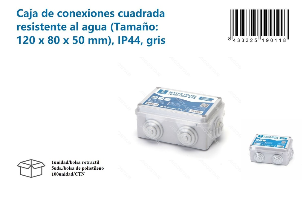 Caja de conexiones cuadrada resistente al agua 120x80x50mm IP44 para instalaciones eléctricas