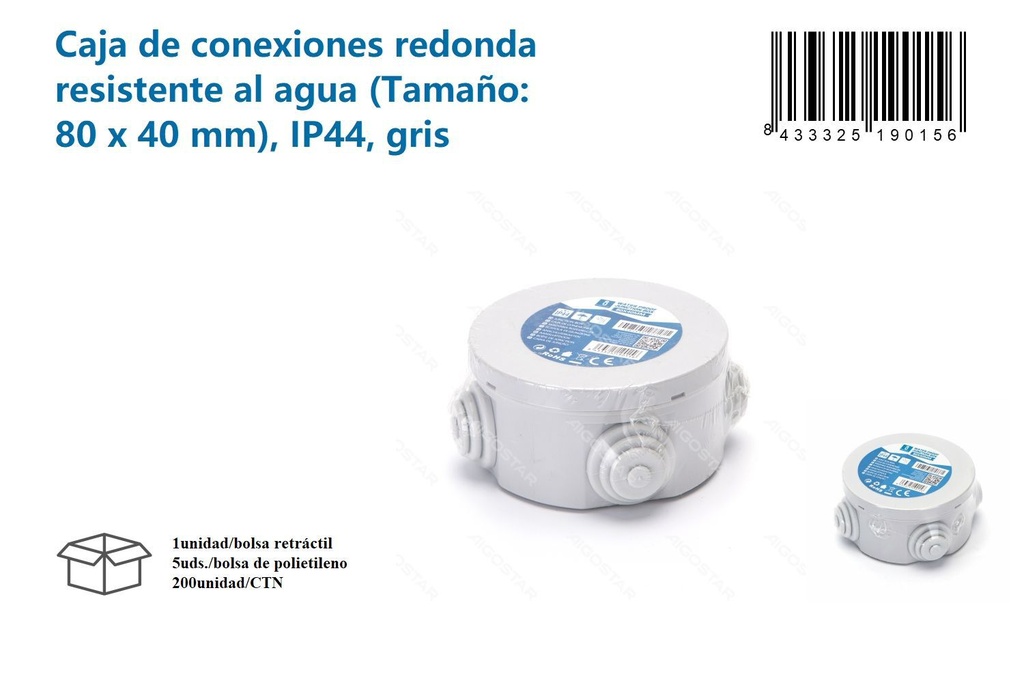 Caja de conexiones redonda resistente al agua 80x40mm IP44 para instalaciones eléctricas