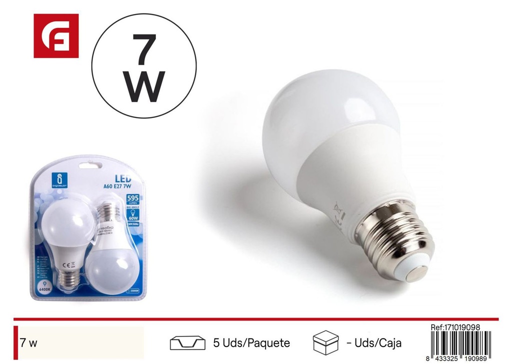 Bombilla LED A60 E27 7W 6500K 2 piezas