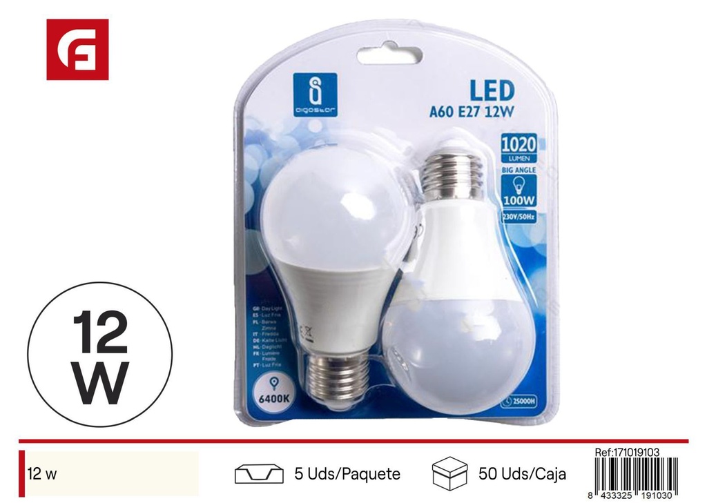 Bombilla LED A60 E27 12W 2 piezas 6500K de bajo consumo