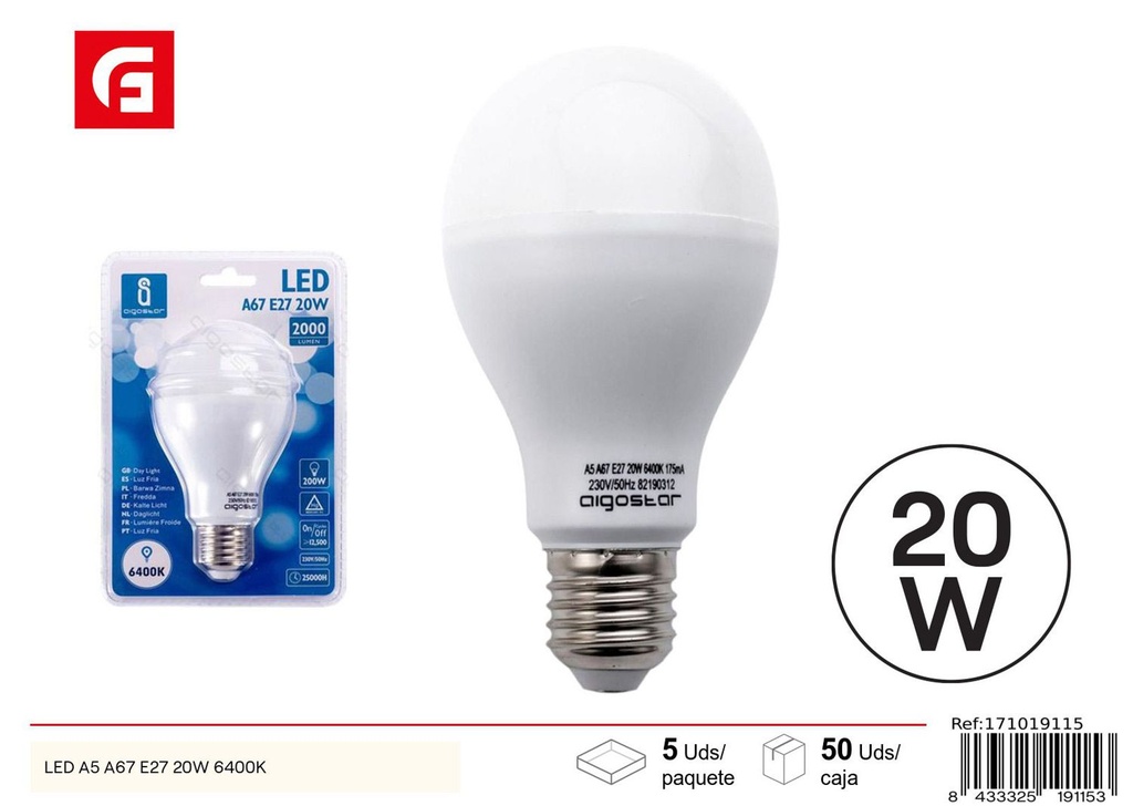 Bombilla LED A67 E27 20W 6500K