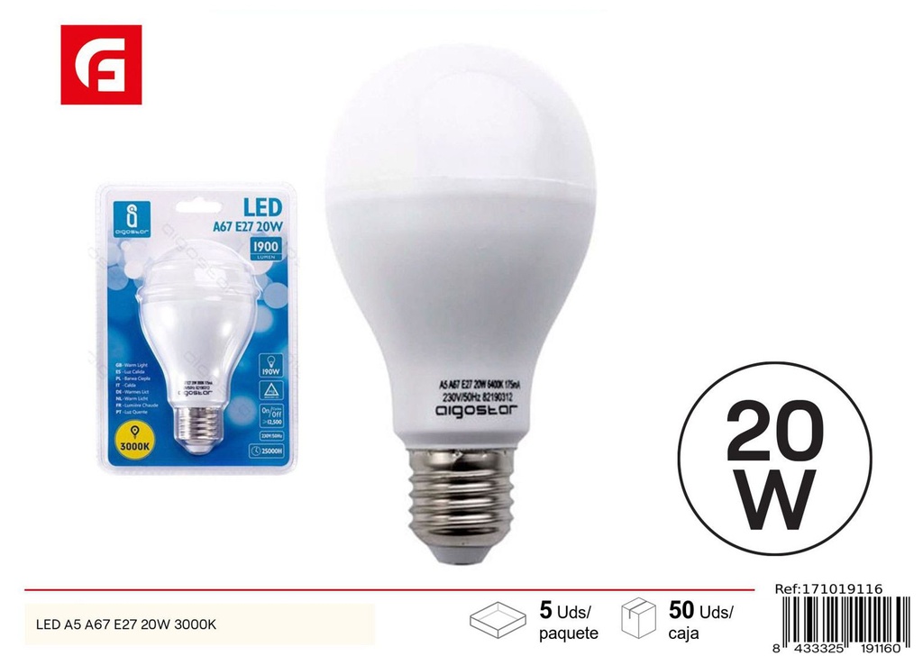 Bombilla LED A67 E27 20W 3000K luz cálida