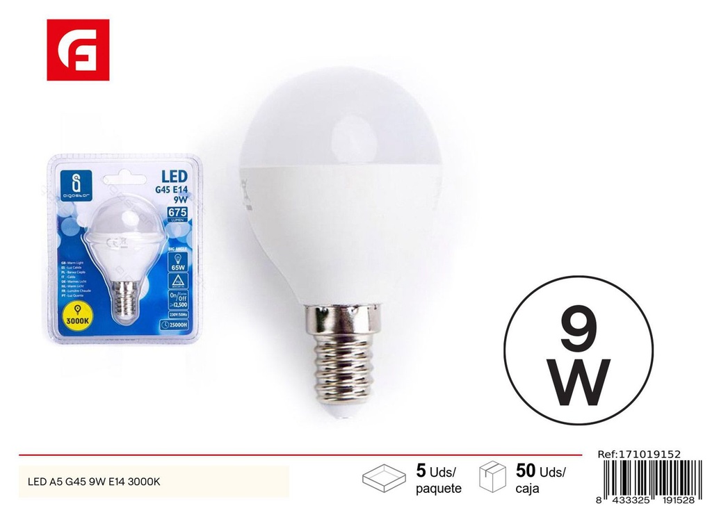 Bombilla LED G45 E14 9W 3000K