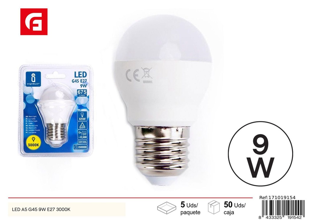 Bombilla LED G45 E27 9W 3000K