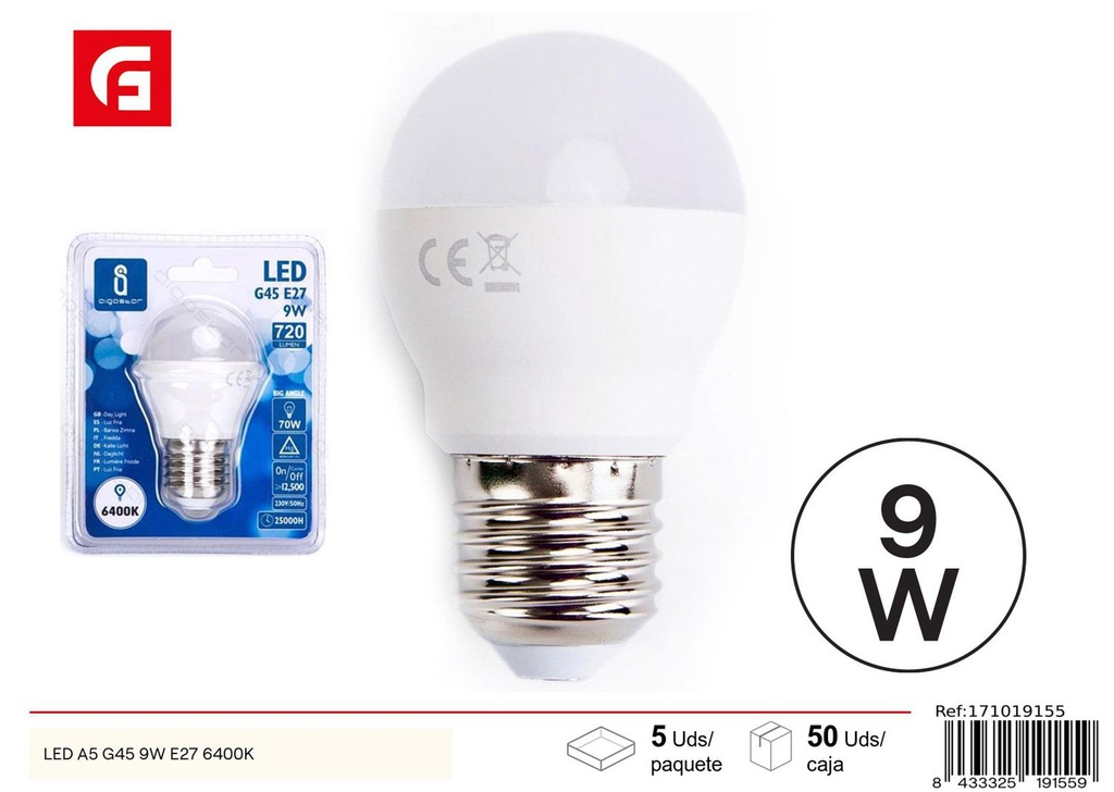 Bombilla LED G45 E27 9W 6500K