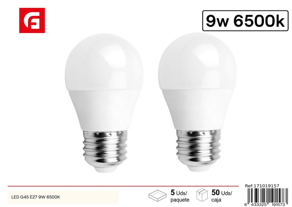 Bombilla LED G45 E27 9W 2 piezas 6500K iluminación