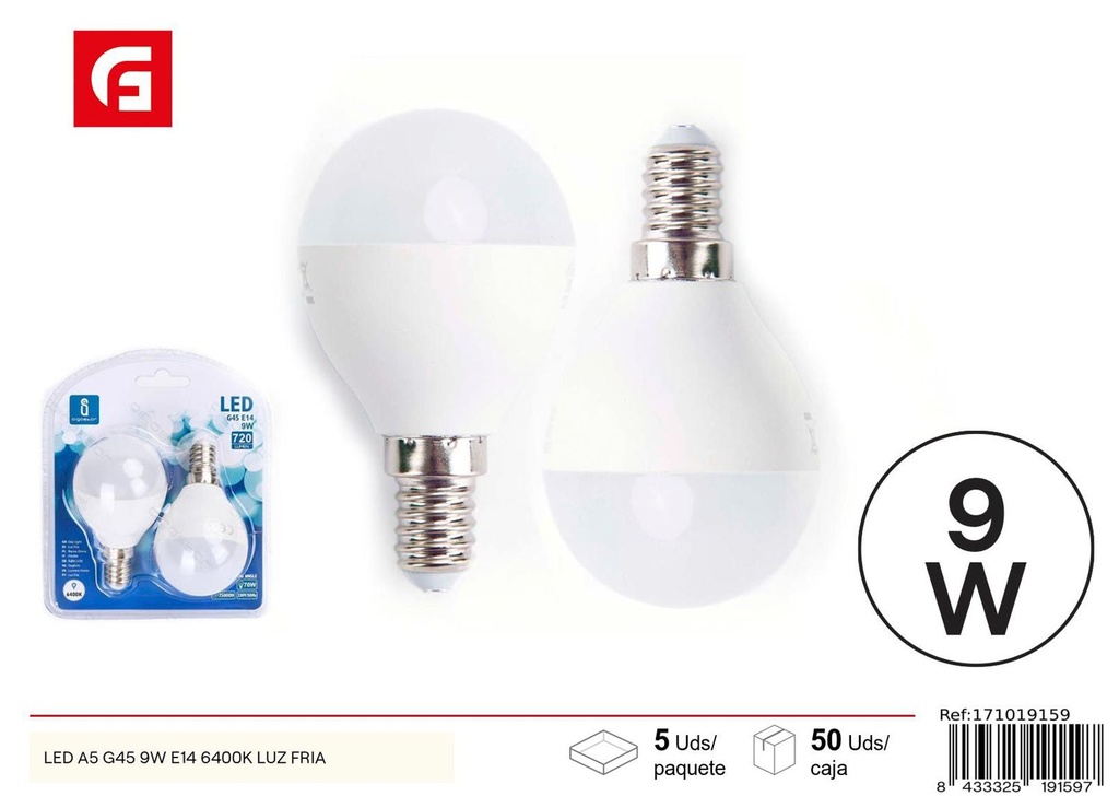 Bombilla LED G45 E14 9W 2pcs 6500K para iluminación