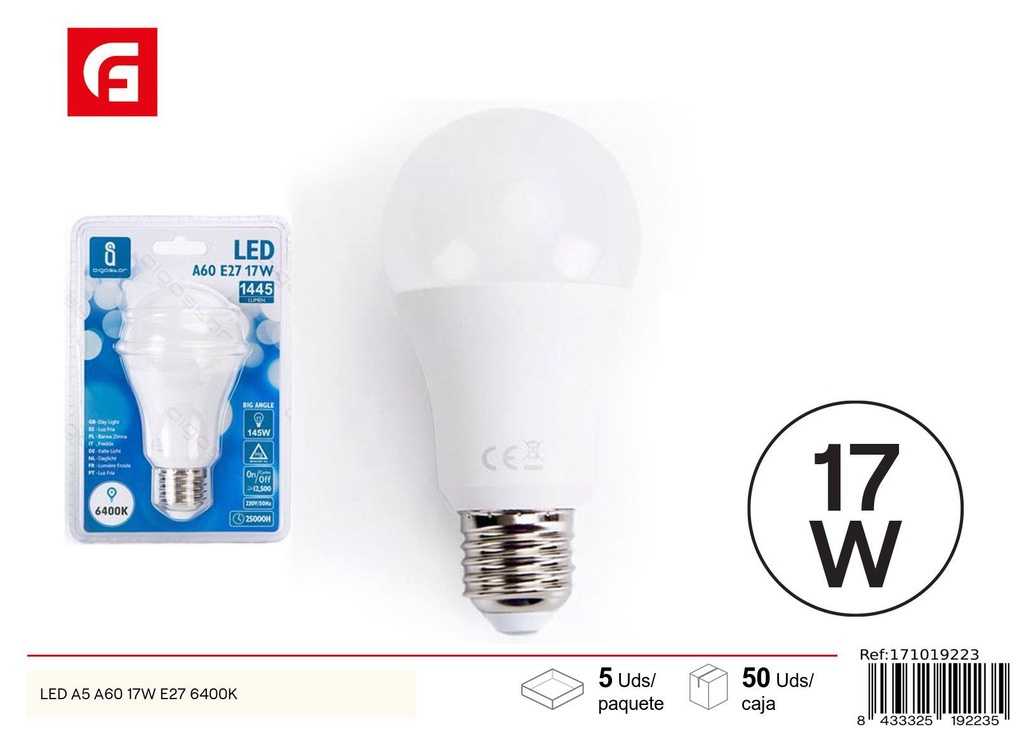 Bombilla LED A60 E27 17W 6500K - Iluminación