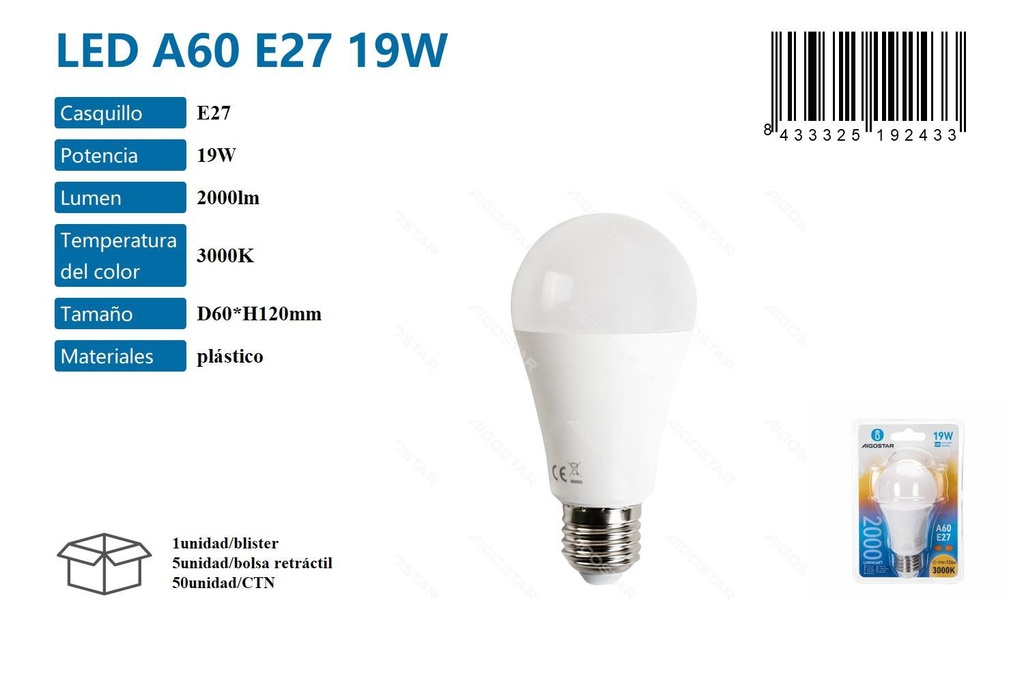 Bombilla LED A60 E27 19W 3000K