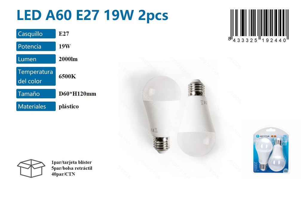 Bombilla LED A60 E27 19W 2pcs 6500K para iluminación