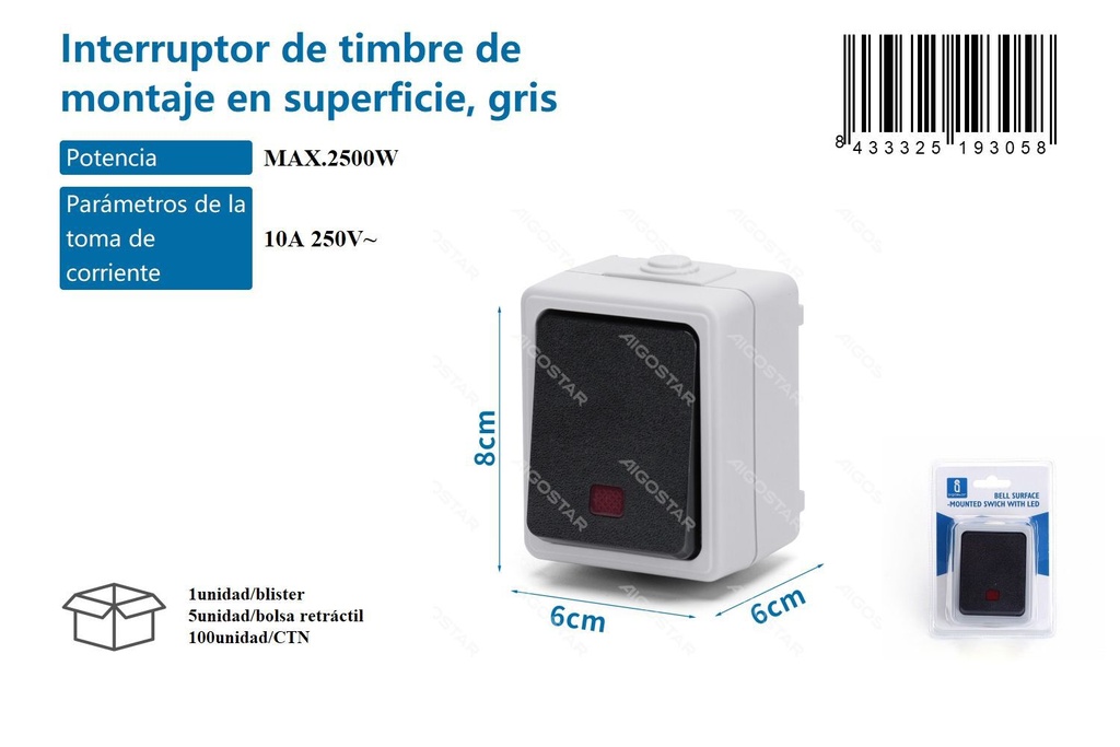 Interruptor de timbre de superficie gris para instalación eléctrica