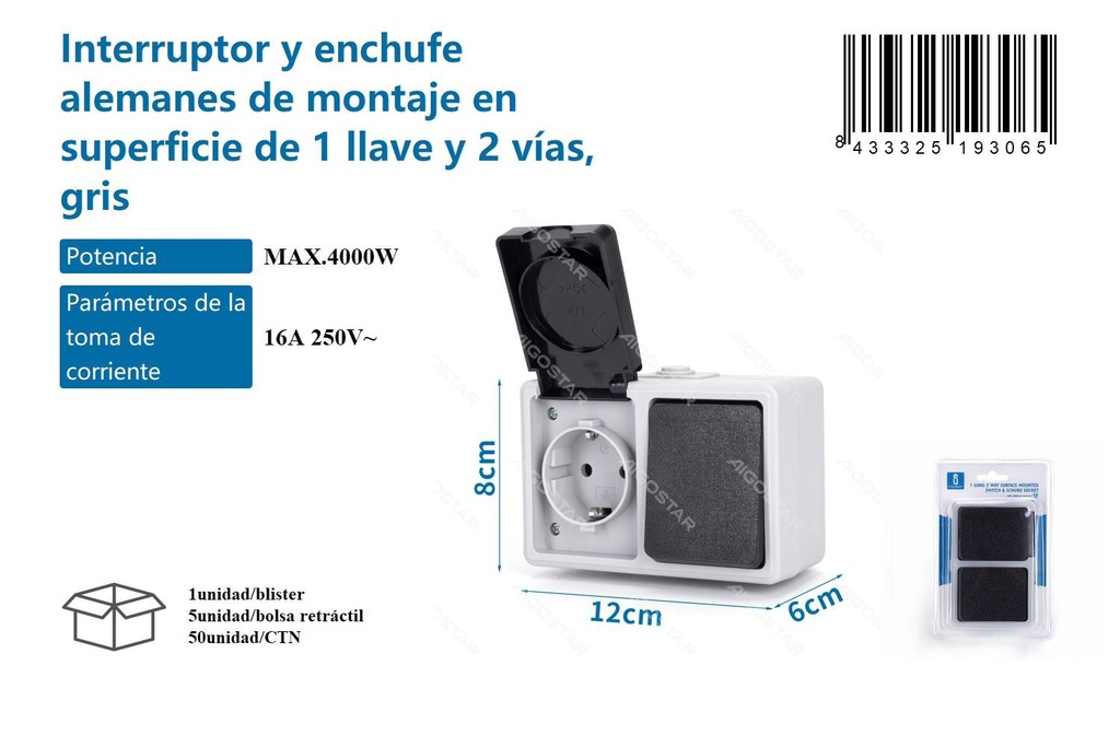 Interruptor y enchufe alemanes de superficie de 1 llave y 2 vías para instalación eléctrica