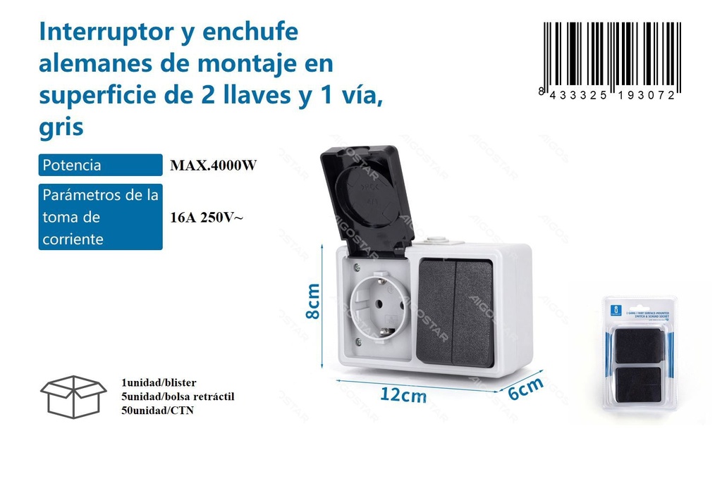 Interruptor y enchufe alemanes de superficie 2 vías gris - Accesorios eléctricos