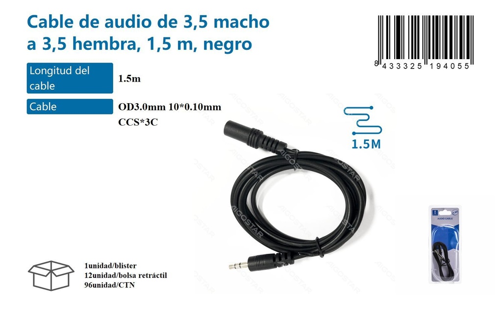 Cable de audio 3.5 mm macho a hembra 1.5 m negro