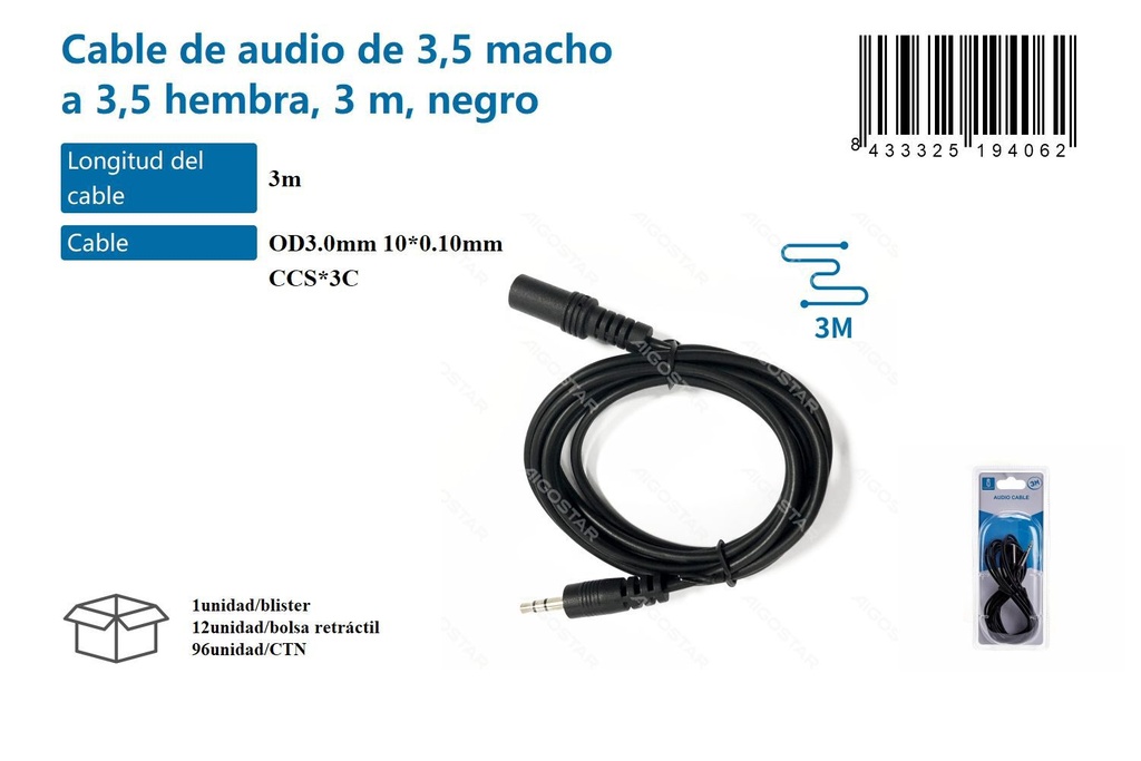 Cable de audio de 3.5mm macho a 3.5mm hembra 3m negro para dispositivos electrónicos