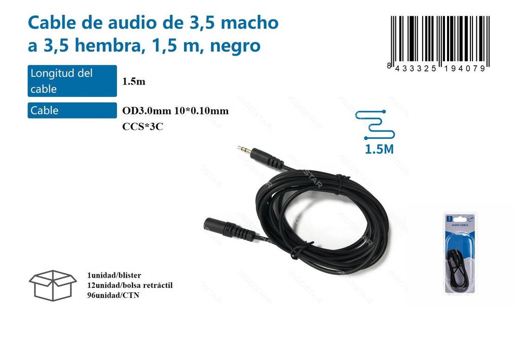 Cable de audio 3.5mm macho a hembra 1.5m negro conectividad