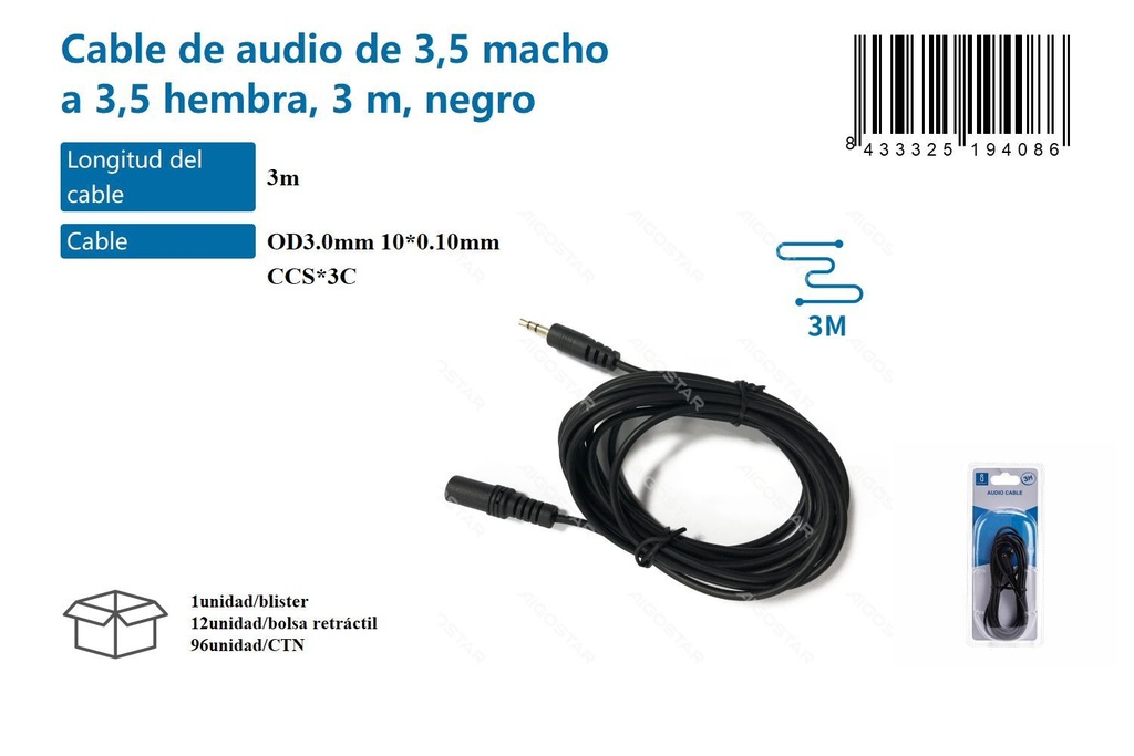 Cable de audio de 3,5 macho a 3,5 hembra 3m negro para conexiones