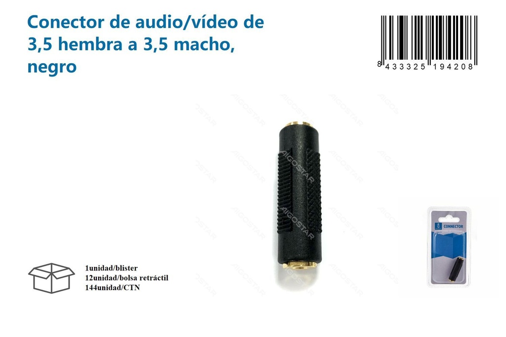 Conector de audio/vídeo 3.5 hembra a 3.5 macho negro para equipos electrónicos