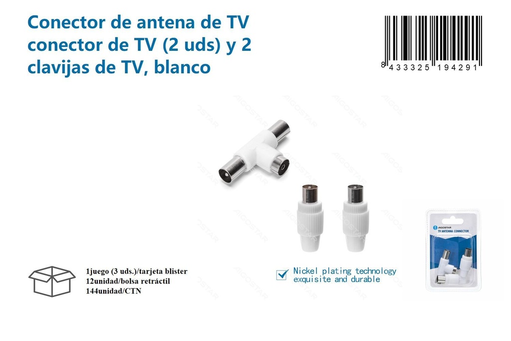 Conector de antena de TV 2uds y 2 clavijas blanco