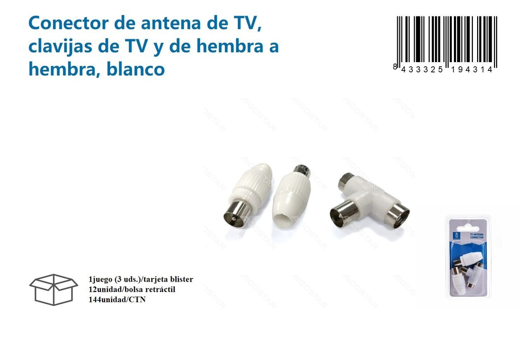 Conector de antena de TV, clavijas de TV y de hembra a hembra blanco