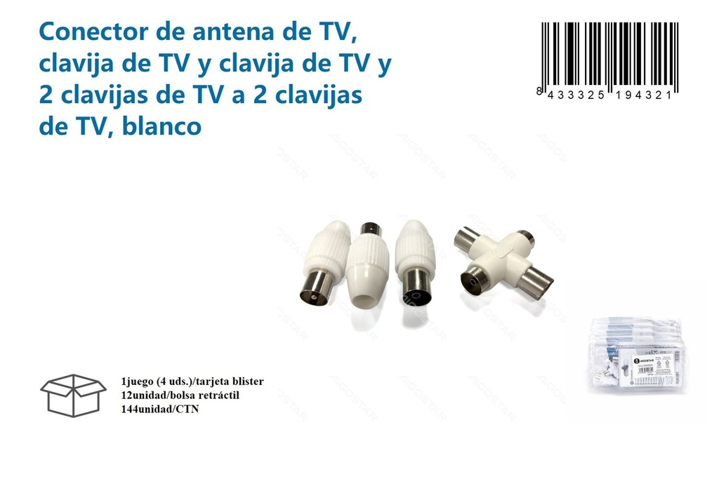 Conector de antena de TV dos clavijas blanco - Electrónica