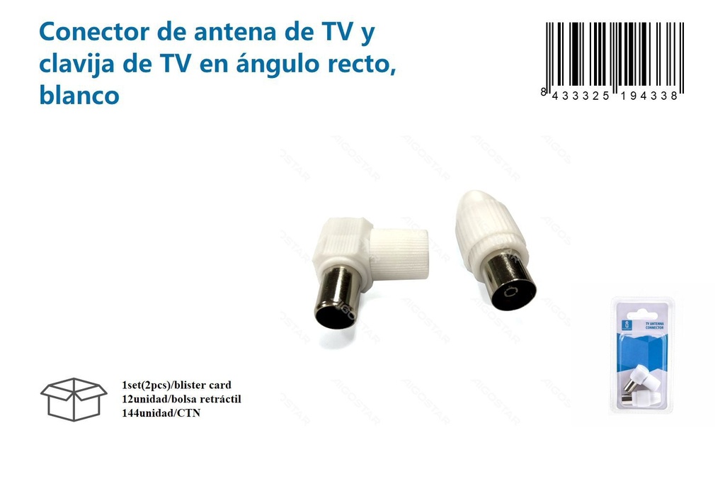 Conector de antena de TV y clavija de TV en ángulo recto blanco para equipo de televisión