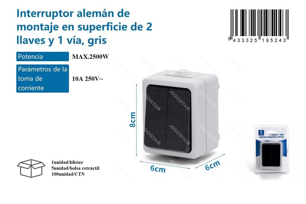 Interruptor alemán de superficie de 2 llaves y 1 vía gris para electricidad