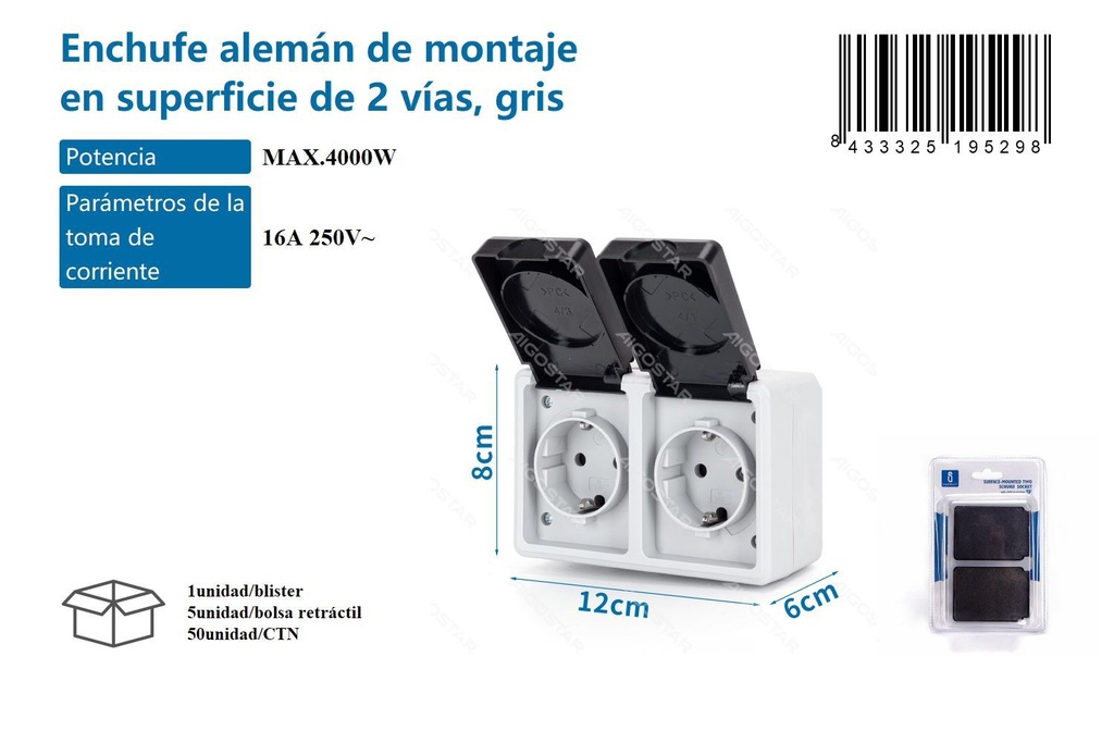 Enchufe alemán de montaje en superficie 2 vías negro para electricidad