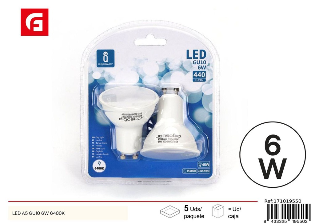 Lámpara LED GU10 6W 2 piezas 6500K 480lm