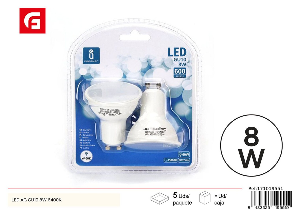 Lámpara LED GU10 8W 2 piezas 6500K 640LM para iluminación