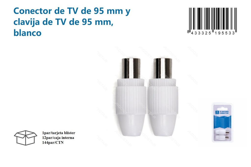 Conector y clavija de TV de 95mm blanco para antenas