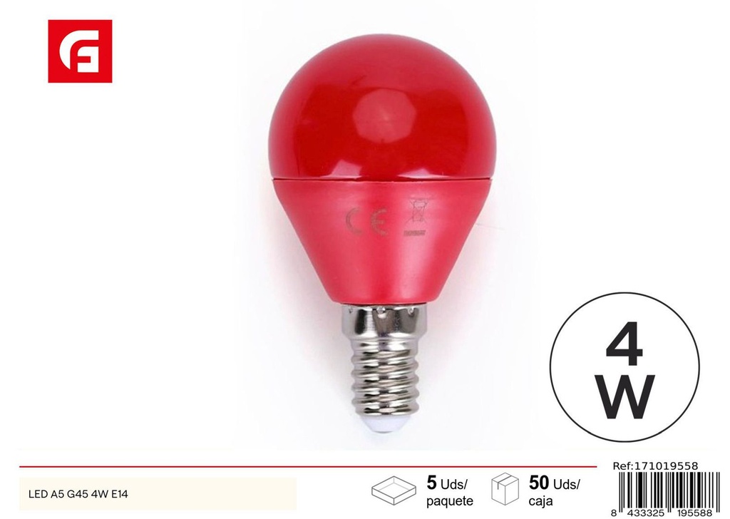 Bombilla LED G45 roja E14 4W para iluminación y decoración