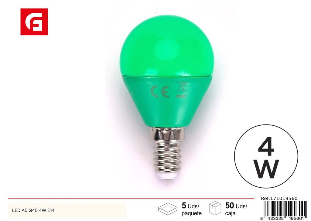 Bombilla LED G45 verde E14 4W para iluminación