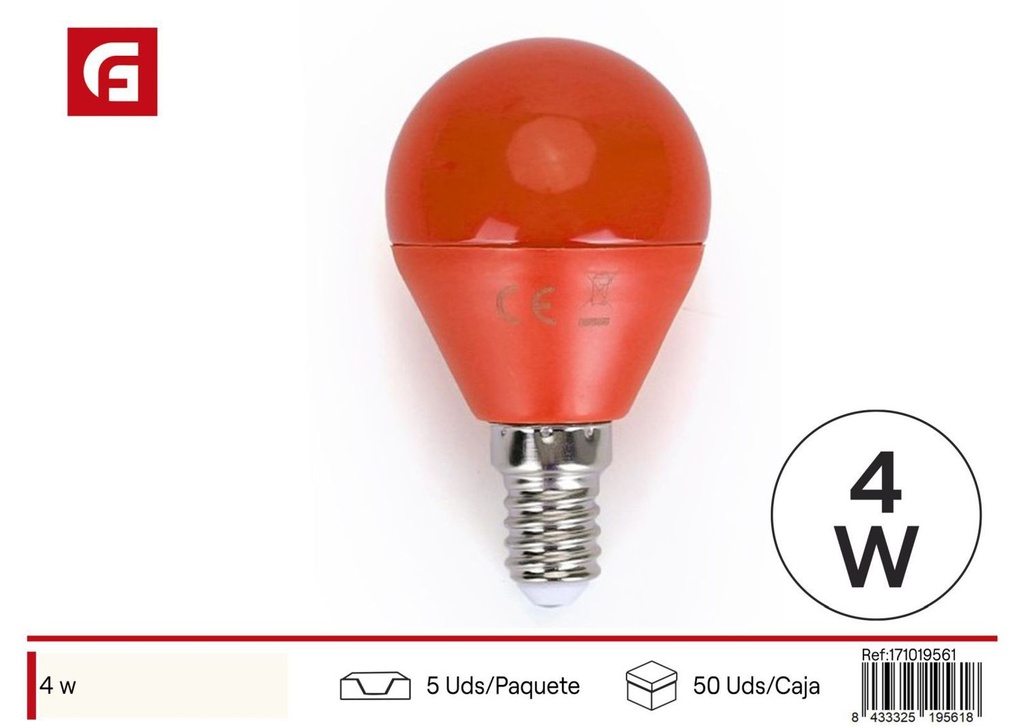 Bombilla LED G45 roja E14 4W para iluminación